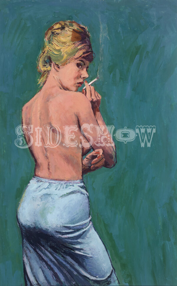 smoking woman blue skirt